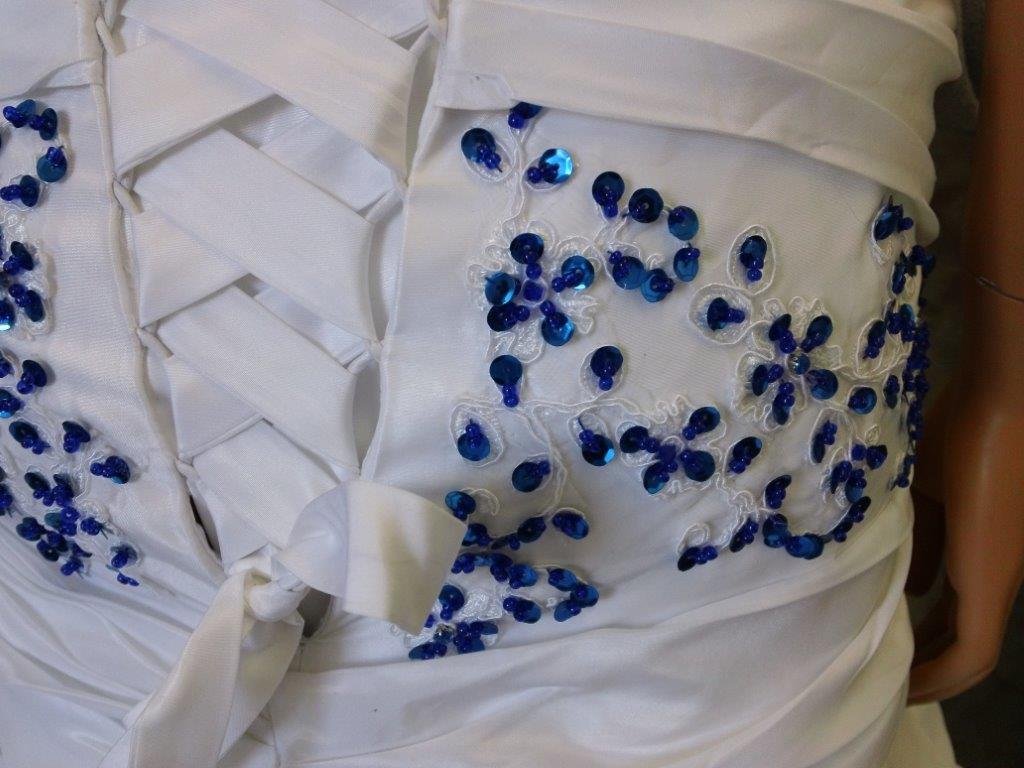 white and blue strapless pickup wedding gown